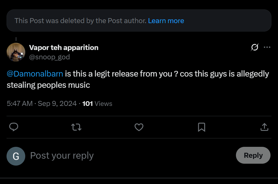GorgeMangster's tweet photo. @ninj_yang Why did you delete this very post then after the guy called you out on your shit? I guess it's because this release "with" @Damonalbarn wasn't really legit and official after all huh? All you had to do was reply to him with reason. That's it. Absolute L on your own part, thief. https://t.co/IQc4Vs8uFb
