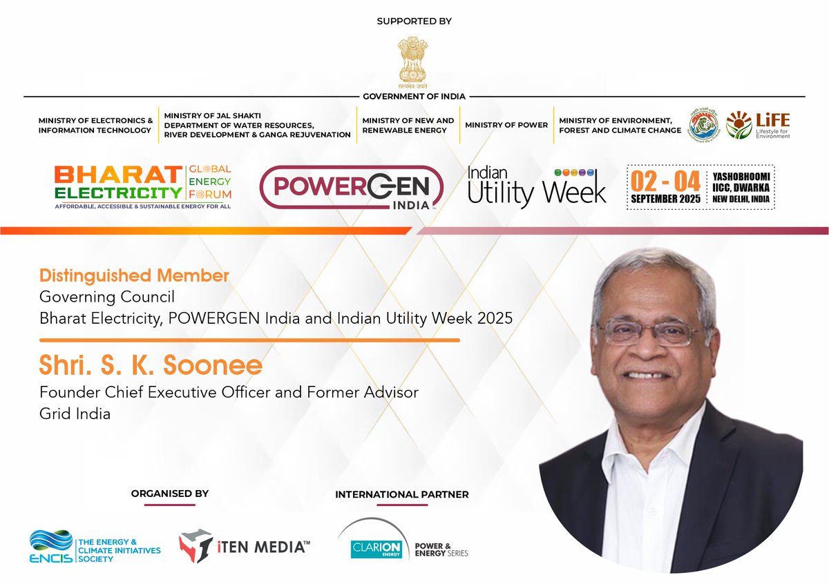 Bharat Electricity (@bharat_elec) on Twitter photo Honored to welcome Shri. S. K. Soonee, Founder CEO and Former Advisor, <a href="/GridIndia1/">GRID-INDIA</a>, as a Distinguished Member of the Governing Council for <a href="/Bharat_Elec/">Bharat Electricity</a>, <a href="/PowerGenIndia/">POWERGEN India</a> & <a href="/IndianUtilityWk/">Indian Utility Week</a>
π
2-4 Sep 2025
π Yashobhoomi IICC, New Delhi
π For more infoπ powergen-india.com Honored to welcome Shri. S. K. Soonee, Founder CEO and Former Advisor, <a href="/GridIndia1/">GRID-INDIA</a>, as a Distinguished Member of the Governing Council for <a href="/Bharat_Elec/">Bharat Electricity</a>, <a href="/PowerGenIndia/">POWERGEN India</a> & <a href="/IndianUtilityWk/">Indian Utility Week</a>
π
2-4 Sep 2025
π Yashobhoomi IICC, New Delhi
π For more infoπ powergen-india.com