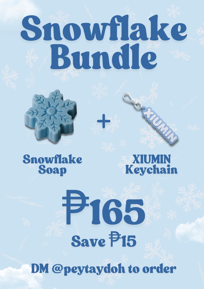 ✨ New Bundle Alert! ✨

Get a handmade snow soap ❄️ &amp; a 3D-printed XIUMIN keychain 🔑 for just ₱165!

All proceeds go to #SnowflakesForXiumin 🤍

DM <a href="/peytaydoh/">Faith</a> to order.