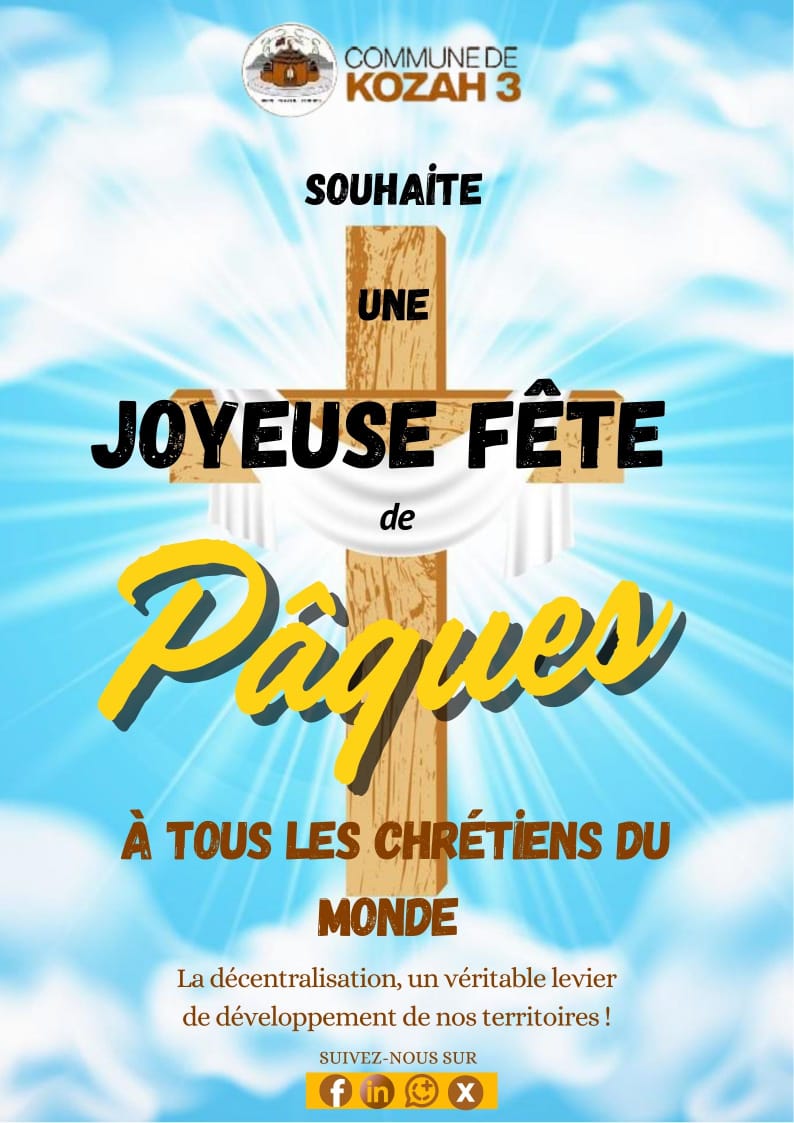 Le Député-Maire PISSIYOU Sami Essokudjowu et l'ensemble du conseil municipal de Kozah3  vous souhaitent une joyeuse fête de Pâques.

''C'est alors qu'entra l'autre disciple, lui  qui était arrivé le premier au tombeau. Il vit, et crut''

Jean 20, verset 8