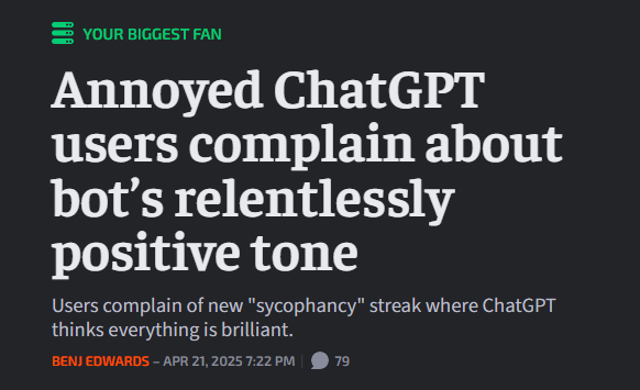 Gtechs_Software's tweet photo. "ChatGPT is suddenly the biggest suckup I've ever met," wrote software engineer Craig Weiss in a widely shared tweet on Friday. "It literally will validate everything I say."  What do you think about this as a regular user of chatgpt #chatgpt4o #Tech ##TechNews #AInews https://t.co/kwl0fzEveQ