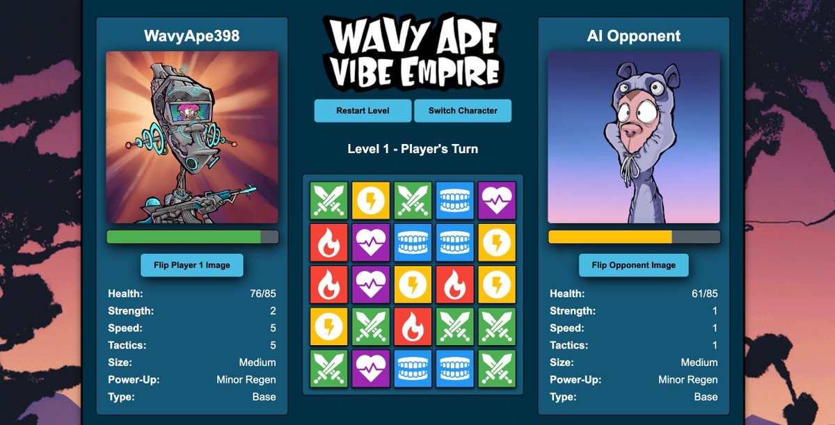 SKULLIANCE (@skulliance) on Twitter photo In celebration of the mint out of <a href="/Joshua_Squashua/">Squashua π©</a>'s <a href="/WavyApes/">WAVY APE VIBE EMPIRE!</a>, we've put together a Match 3 RPG for everyone to enjoy!
FYI, THE MINT IS OFFICIALLY OVER!
Anyone can play the game! No login or wallet connection required!
If you stake with <a href="/skulliance/">SKULLIANCE</a>, you can load in your Wavy In celebration of the mint out of <a href="/Joshua_Squashua/">Squashua π©</a>'s <a href="/WavyApes/">WAVY APE VIBE EMPIRE!</a>, we've put together a Match 3 RPG for everyone to enjoy!
FYI, THE MINT IS OFFICIALLY OVER!
Anyone can play the game! No login or wallet connection required!
If you stake with <a href="/skulliance/">SKULLIANCE</a>, you can load in your Wavy