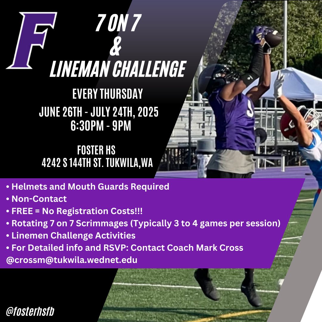 FosterHSFB's tweet photo. Foster HS will be hosting their FREE annual Summer 7 on 7’s and Lineman Competitions which will be here before you know it! If you’re interested in coming to get some good work please reserve your spot ASAP #7on7 #linemanchallenge #fosterDNA #gobulldogs #hsfootball @WSFCA1 https://t.co/si7p34A31w
