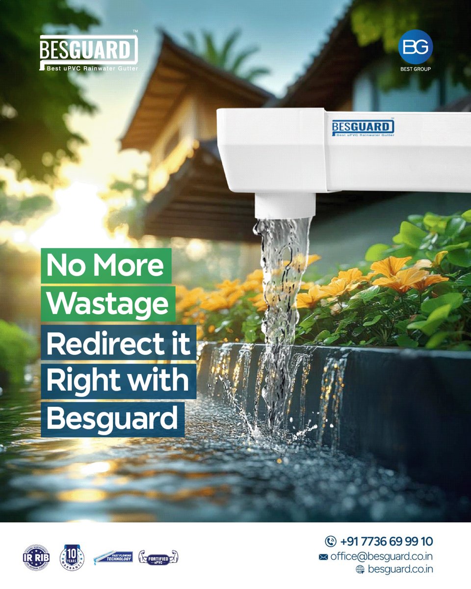besguardin's tweet image. No More Wastage. Only Smart Solutions.
With BESGUARD uPVC Rainwater Gutters, every drop is directed with purpose.

.
.
.
.
📞 Call us: +91 7736 69 99 10
📧 Email: office@besguard.co.in
🌐 Visit: besguard.co.in

#Besguard #RainwaterGutter #SmartDrainage