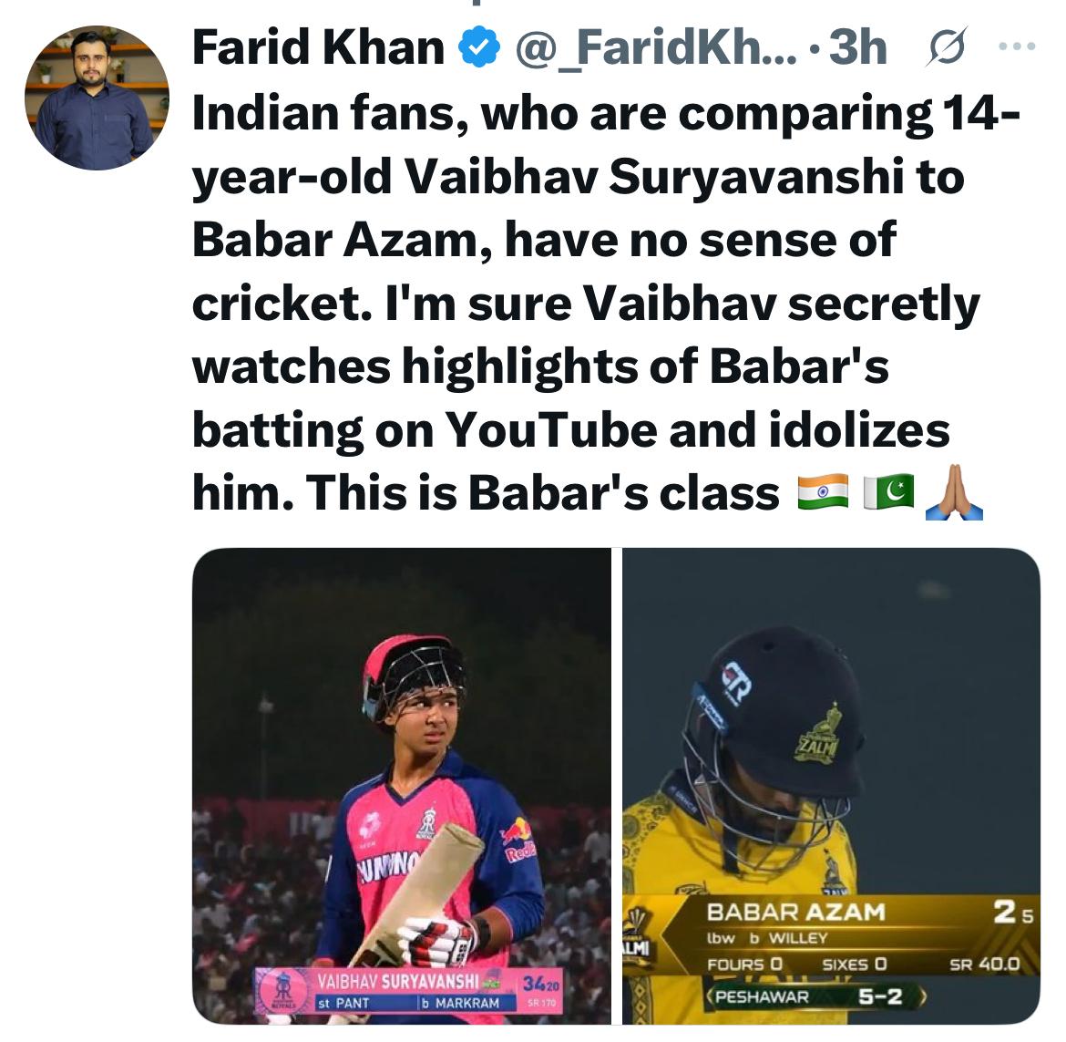 These comparisons are the reason for downfall of Pakistan's 🇵🇰 Cricket 

This kind of users acts as PR &amp; they just do this for engagement farming &amp; even pak fans follows them for this kind of posts.

Babar is a good player but due to this kind of users, he is now a meme material