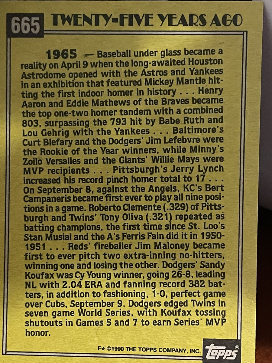 ⚾️ Card of the day
Sandy Koufax
Los Angeles Dodgers
Pitcher
Topp’s  Turn back the Clock
25 Years Ago
