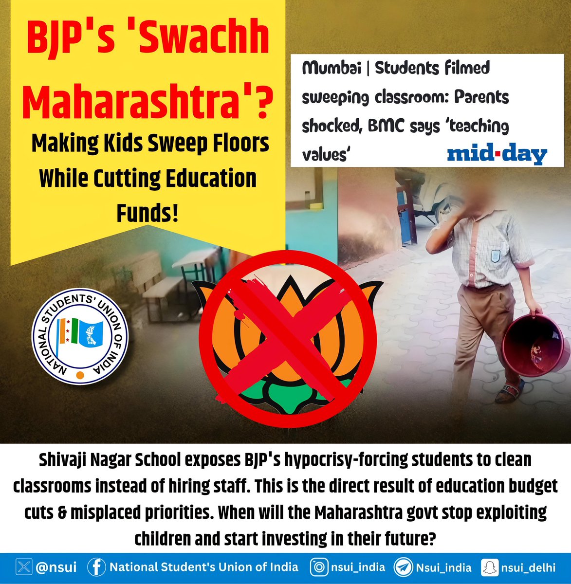 Is this BJP's idea of "Swachh Bharat" in Maharashtra?

Instead of hiring proper staff, the government is making young students sweep floors in the name of "teaching values"!

This isn’t civic education—it’s exploitation and a direct result of education budget cuts. While BJP