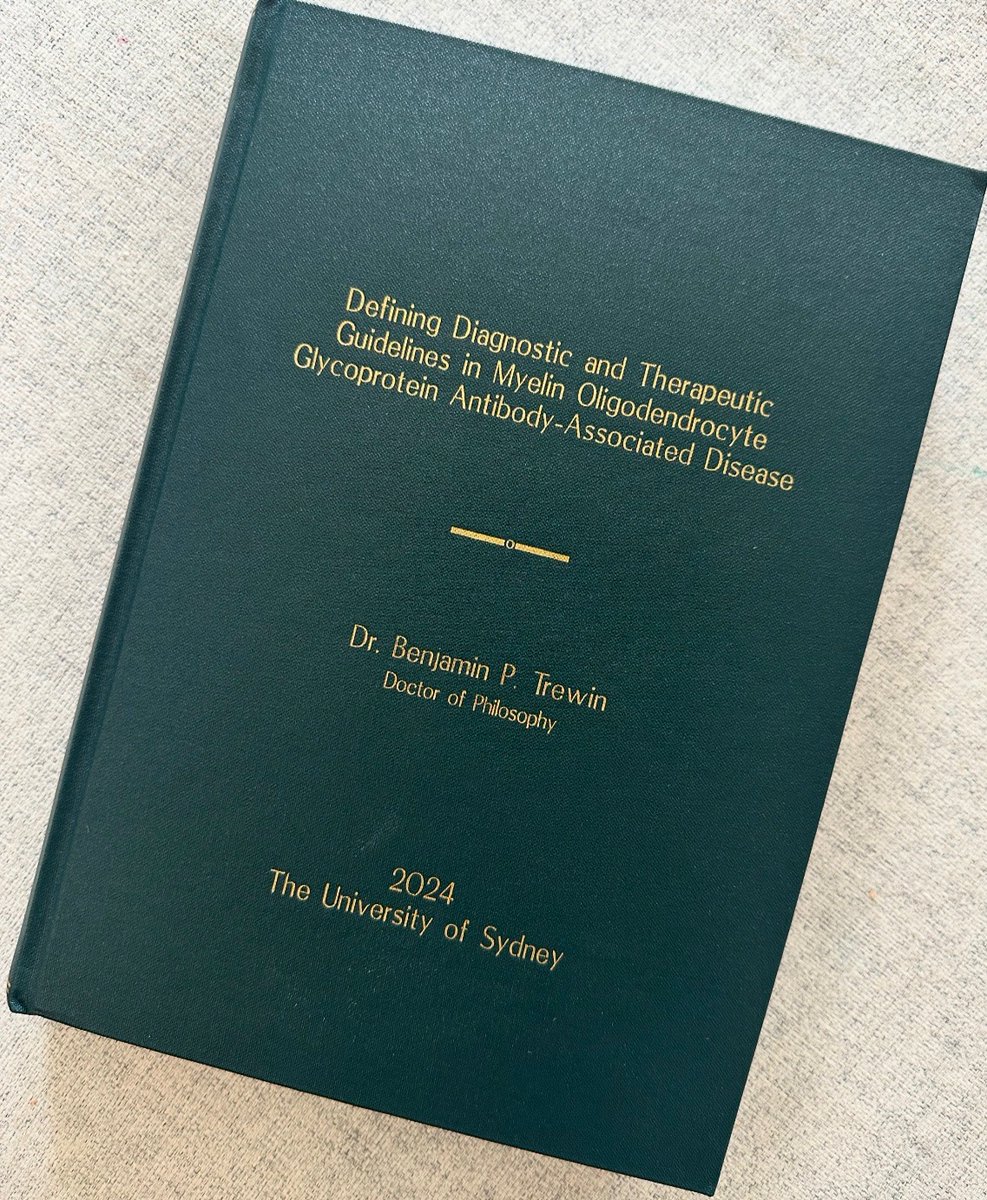 Dr Benjamin P Trewin (@benjamin_trewin) on Twitter photo The thesis has landed! 🚀📚🎓 After years of rewrites, stats, and soul-searching, it’s finally real!
Huge thanks to <a href="/darshi_r/">Sudarshini Ramanathan</a> and co-supervisors <a href="/RussellCDale/">Russell Dale</a>, <a href="/FabienneBrilot/">Fabienne Brilot</a> & the MOG-dawggz! 🤘
#PhD #Neuroimmunology #MOGAD #AcademicTwitter <a href="/Sydney_Uni/">University of Sydney</a> <a href="/DBworm/">DB Bookbinders</a> <a href="/TheMOGProject/">The MOG Project</a> The thesis has landed! 🚀📚🎓 After years of rewrites, stats, and soul-searching, it’s finally real!
Huge thanks to <a href="/darshi_r/">Sudarshini Ramanathan</a> and co-supervisors <a href="/RussellCDale/">Russell Dale</a>, <a href="/FabienneBrilot/">Fabienne Brilot</a> & the MOG-dawggz! 🤘
#PhD #Neuroimmunology #MOGAD #AcademicTwitter <a href="/Sydney_Uni/">University of Sydney</a> <a href="/DBworm/">DB Bookbinders</a> <a href="/TheMOGProject/">The MOG Project</a>