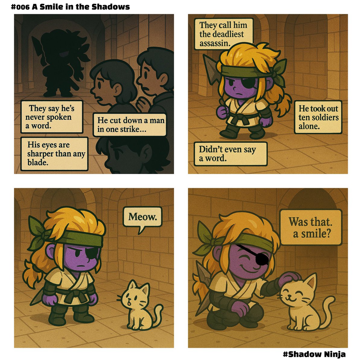 PixelHeroesMMO's tweet photo. 【Comics Of ToyZ】 #006

[A Smile in the Shadows]

They call him a shadow.
But before the smallest creatures...Even that shadow smiles. 🐾🌑

#ShadowNinja #4PanelComic