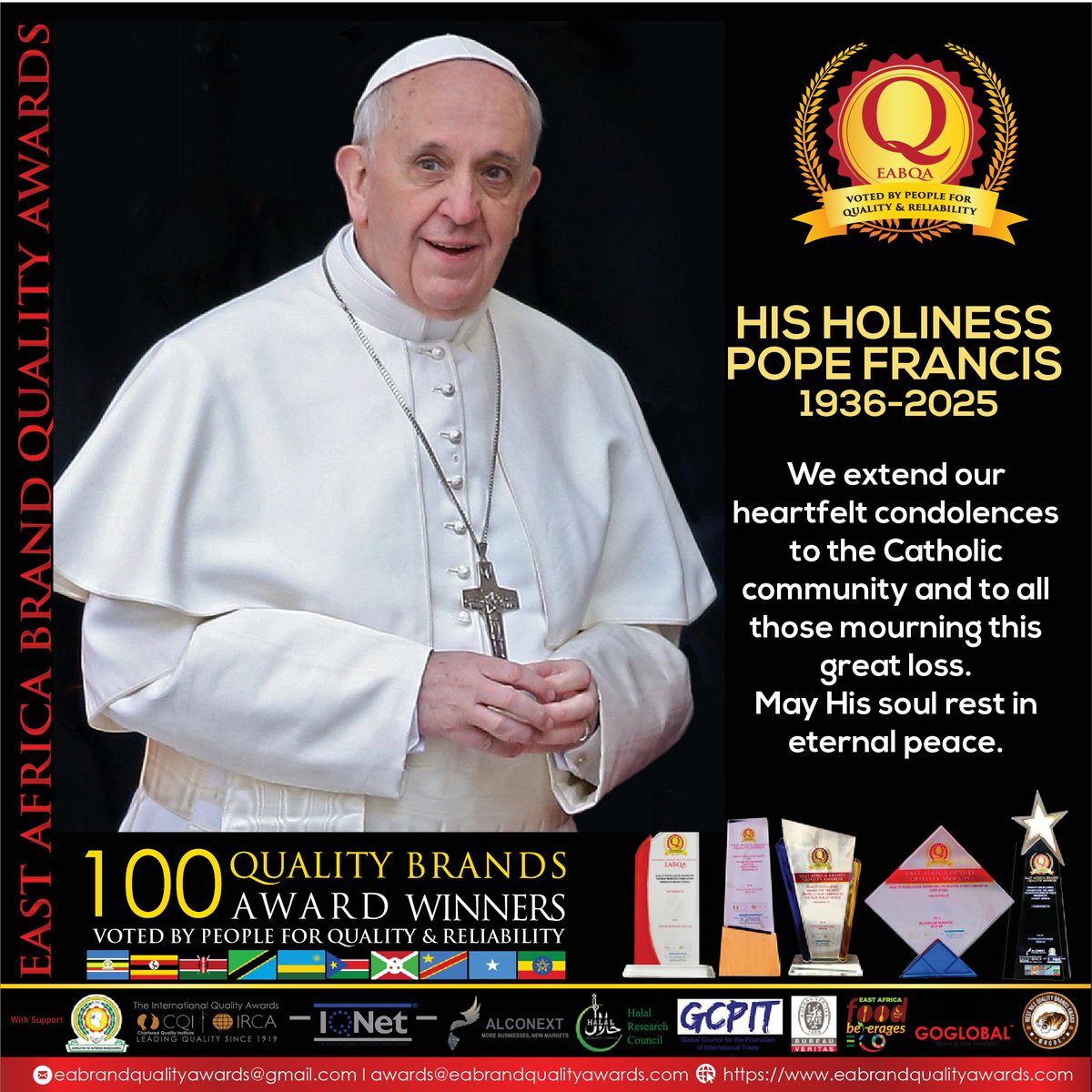 East Africa Brand Quality Awards (@eaqbawards) on Twitter photo Our heartfelt condolences to the global Catholic community. Pope Francis will always be remembered as a beacon of compassion, humility and spiritual courage by millions across the world. From a young age, he devoted himself towards realising the ideals of Lord Christ. <a href="/cnalive/">Catholic News Agency</a> Our heartfelt condolences to the global Catholic community. Pope Francis will always be remembered as a beacon of compassion, humility and spiritual courage by millions across the world. From a young age, he devoted himself towards realising the ideals of Lord Christ. <a href="/cnalive/">Catholic News Agency</a>