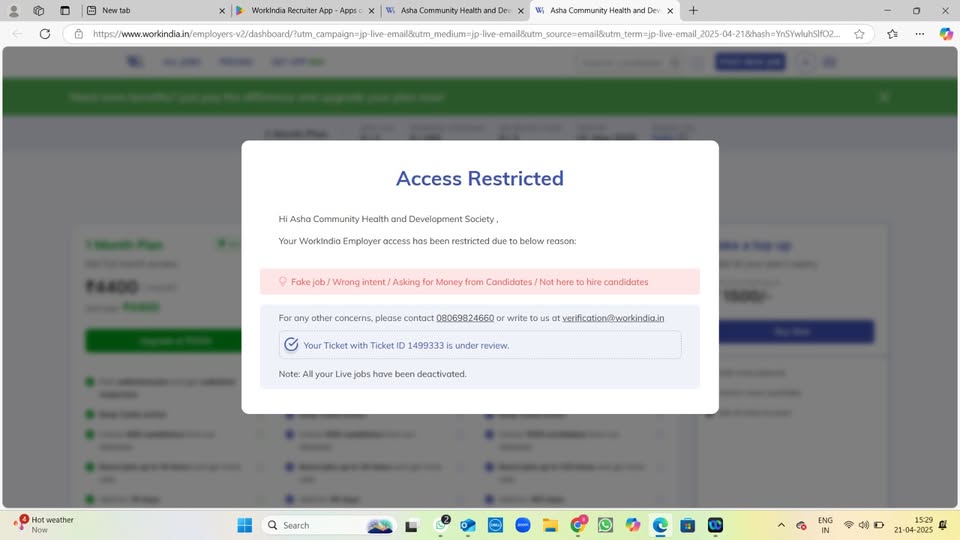 We at Asha Community Health &amp; Development Society (37+ yrs) are disappointed by <a href="/workindiajobs/">WorkIndia</a>   rejection of our paid job posting—wrongly flagged as “fake.” Please review your processes &amp; respect NGOs driving positive impact.
Full post: acesse.one/rQcM6
#Accountability
