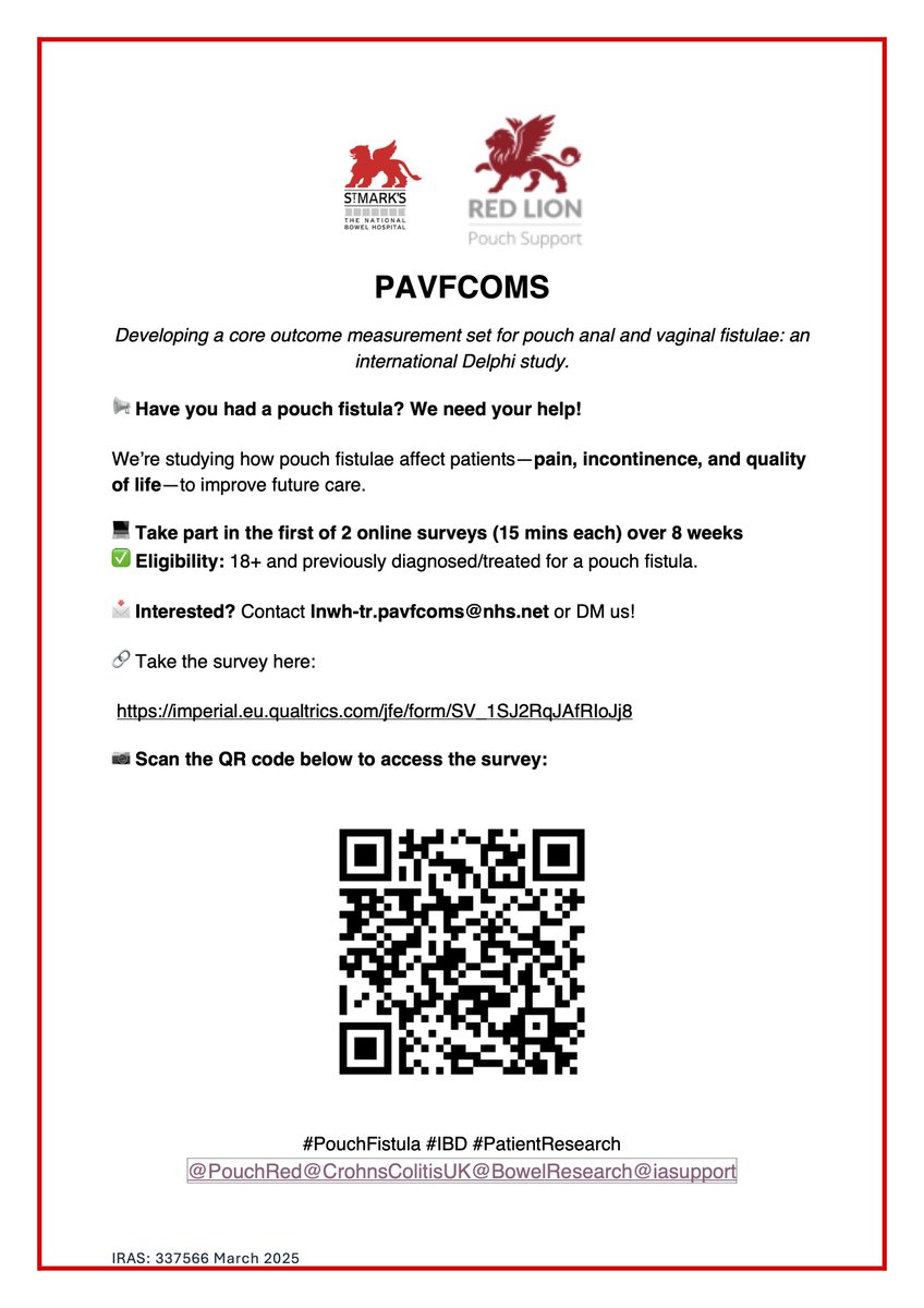 Easan Anand (@easan_anand) on Twitter photo Have you got a pouch fistula? This survey will explore how we can improve research in the future.
Deadline extended to 28 April!
<a href="/StMarksFRU/">Robin Phillips FRU, St Mark's</a> <a href="/BowelsOfStMarks/">St Mark's Hospital Foundation</a> <a href="/StMarksHospital/">St Mark's Hospital</a> <a href="/CrohnsColitisUK/">Crohn's & Colitis UK</a> <a href="/BowelResearch/">Bowel Research UK</a> <a href="/iasupport/">IA (Ileostomy and Internal Pouch Association)</a> <a href="/PouchRed/">RedLionPouchSupport</a> #Pouch #IBD #Fistula Have you got a pouch fistula? This survey will explore how we can improve research in the future.
Deadline extended to 28 April!
<a href="/StMarksFRU/">Robin Phillips FRU, St Mark's</a> <a href="/BowelsOfStMarks/">St Mark's Hospital Foundation</a> <a href="/StMarksHospital/">St Mark's Hospital</a> <a href="/CrohnsColitisUK/">Crohn's & Colitis UK</a> <a href="/BowelResearch/">Bowel Research UK</a> <a href="/iasupport/">IA (Ileostomy and Internal Pouch Association)</a> <a href="/PouchRed/">RedLionPouchSupport</a> #Pouch #IBD #Fistula