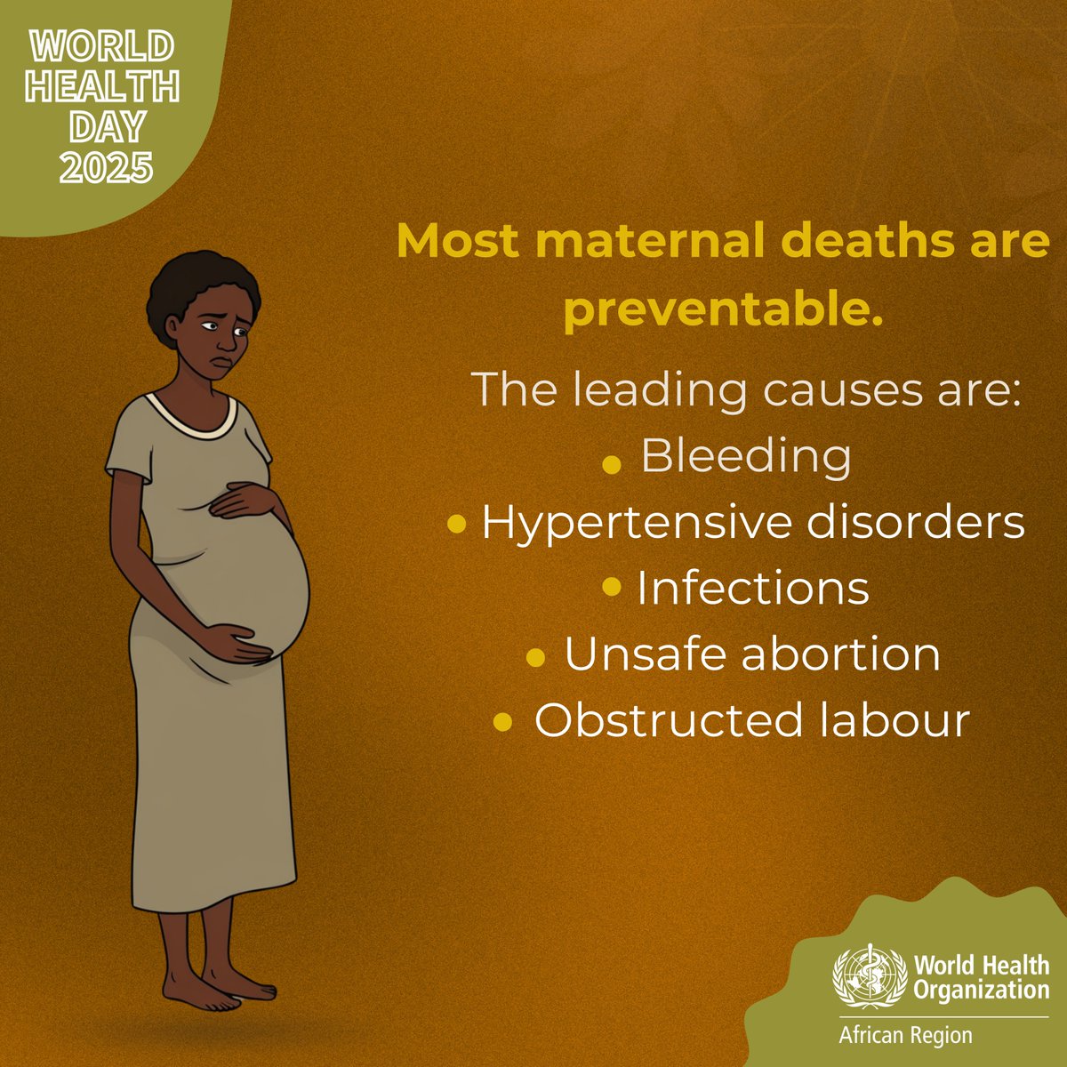 Healthy mothers build healthy nations.
Up to 77% of maternal deaths in Africa are due to direct causes like haemorrhage, infection, unsafe abortion, and obstructed labour.
We must strengthen systems to deliver care when it’s needed most. 
 #MaternalHealthMatters 
#HopefulFutures