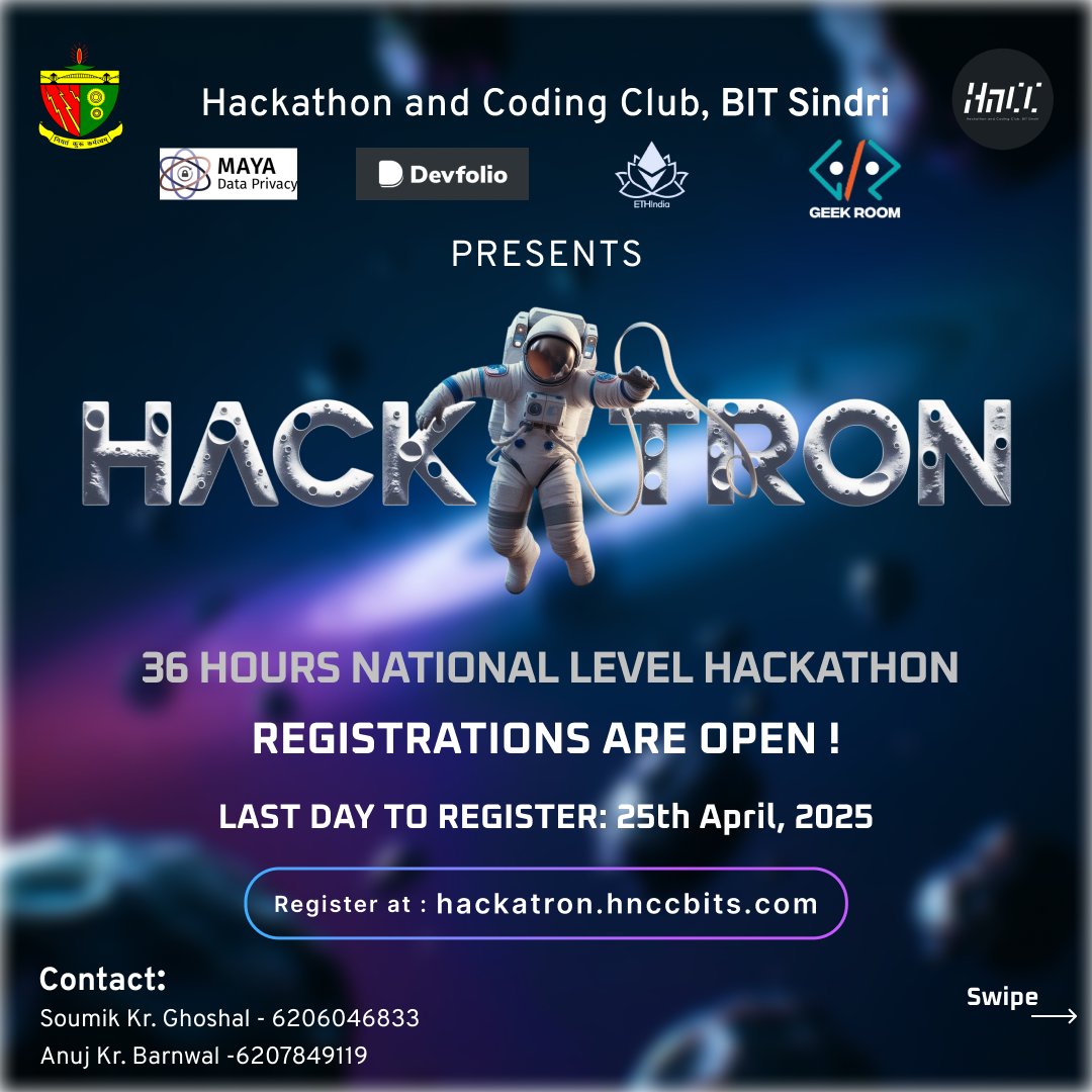 hnccbits's tweet image. 🚀 Hackatron Registrations Closing Soon!
Ready to code, create &amp;amp; conquer? Hackatron is your stage!
🗓️ Last Date: 25th April
🎯 Register now: hackatron.hnccbits.com

Show off your skills. Don’t miss out!
#hncc #hackatron #bitsindri #hackathon