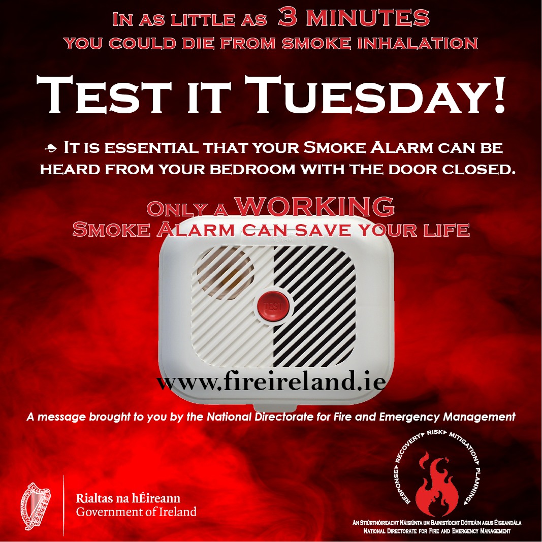 Fire Safety Ireland (@firesafetyire) on Twitter photo Tuesday again, time to test your smoke alarm.
<a href="/DeptHousingIRL/">Department of Housing, Local Government & Heritage</a>
<a href="/JamesBrowneTD/">James Browne TD</a>
#FireSafetyIRE #STOPfire Tuesday again, time to test your smoke alarm.
<a href="/DeptHousingIRL/">Department of Housing, Local Government & Heritage</a>
<a href="/JamesBrowneTD/">James Browne TD</a>
#FireSafetyIRE #STOPfire