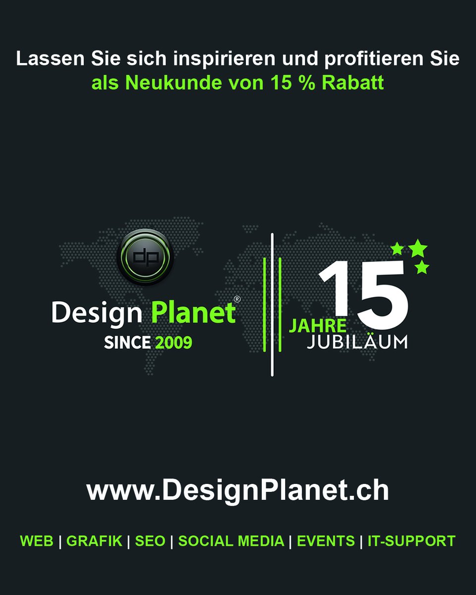 Design_Planet's tweet image. 🌟 Design Planet Web &amp;amp; Branding Agentur in Buchs ZH: Gemeinsam feiern wir 15 Jahre Kreativität und Erfolg! 🎉 Lassen Sie sich inspirieren und profitieren Sie als Neukunde von 15 % Rabatt. Auf die nächsten 15 Jahre voller Innovation! 🥳🎁🤩