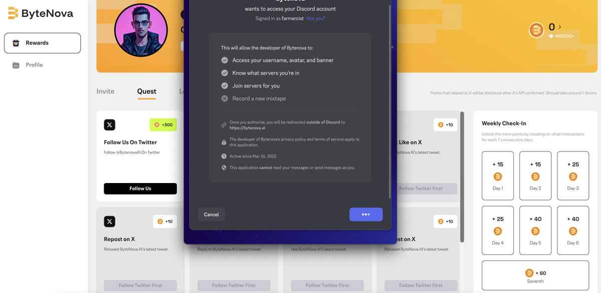 Farmercist's tweet photo. EVERYONE WHO HAS A TWITTER ACCOUNT CAN DO THIS AIRDROP 😱

> 5 minutes to position
> Raised $15m
> cost: $0
---
---
In just 5 simple steps you’ve positioned for $BYT airdrop 👇

- visit: https://t.co/oKyF3vivFF
- connect metamask
Once you are in
- connect your twitter
- connect your discord account
- add your email
---
---
Now we are done with connecting

Go to Quest
- complete all quest to earn additional points
---
---
ByteNova [@BytenovaAI] is building a decentralized edge AI ecosystem designed for low-latency processing, enterprise-grade security, and scalable solutions for next-gen AI applications.

video guide:https://t.co/l9xDsiXnZ0
thats all for now, make sure to keep up with your daily claim... see you on TGE