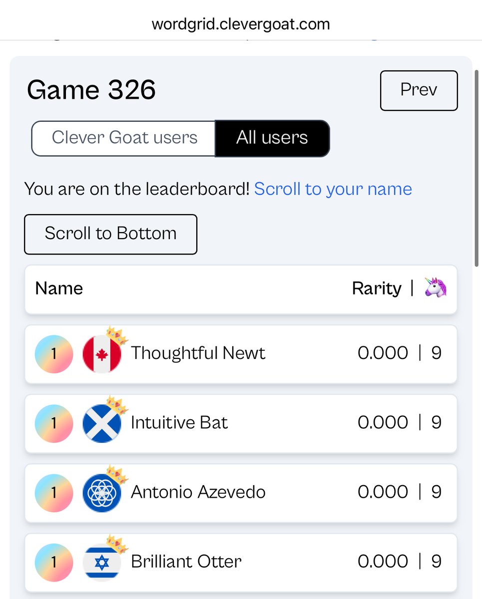 Word Grid puzzle #326 has been live for 1 hour and already we have 4 players with unicorns across the board. 

Can you join them today?

wordgrid.clevergoat.com