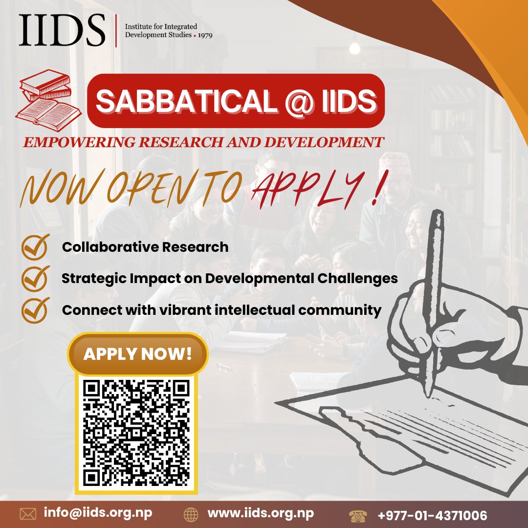 iids1979's tweet photo. IIDS is excited to launch ‘Sabbatical@IIDS: Empowering Research and Development’ — a unique opportunity for global scholars and practitioners to collaborate on development-focused research in Nepal and the Global South.
Apply now: https://t.co/cqLPFVwn45
#Sabbatical #IIDS https://t.co/RcYKEye8iS