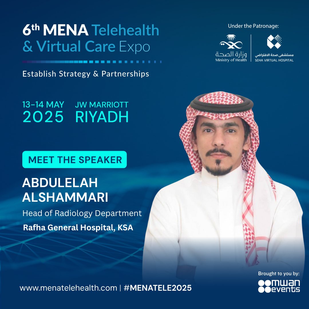 MWAN Events (@eventsmwan) on Twitter photo Speaker Spotlight: <a href="/abdulela7/">عبدالاله الشمري</a>, Head of Radiology & Assistant Hospital Director at Rafha General Hospital, brings 15+ years of experience in imaging, digital health, and patient safety to #MENATELE25
Session: Teleradiology – Quality and Drawbacks - menatelehealth.com Speaker Spotlight: <a href="/abdulela7/">عبدالاله الشمري</a>, Head of Radiology & Assistant Hospital Director at Rafha General Hospital, brings 15+ years of experience in imaging, digital health, and patient safety to #MENATELE25
Session: Teleradiology – Quality and Drawbacks - menatelehealth.com