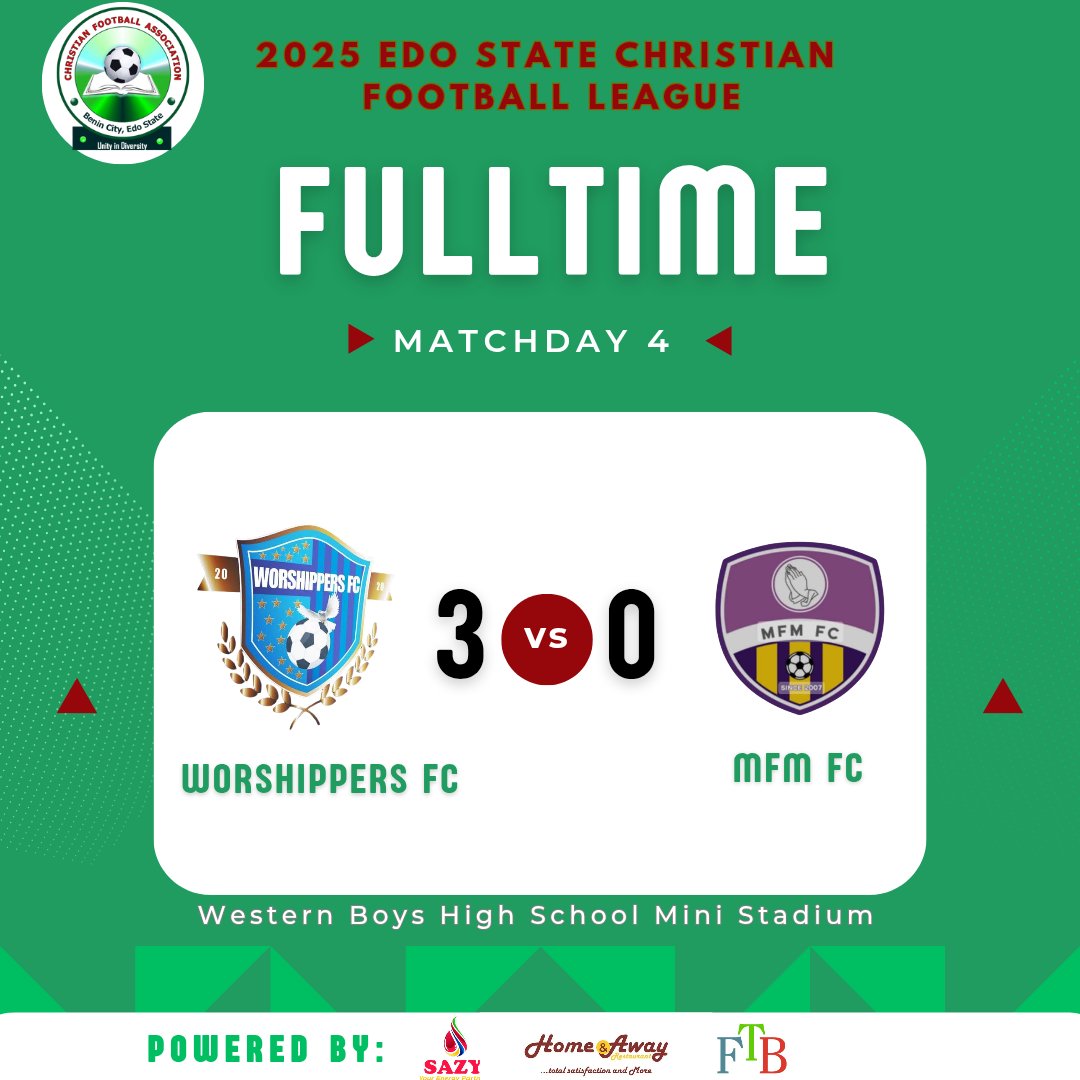 EdoChristianFL's tweet photo. 🔰 Divine redemption took down  Freedom FC with a 2-0 scoreline! 💪
🔰 Christ Chosen FC and More Grace FC  clashed in a 1-1 thriller! 😲
🔰 Worshippers FC dominated MFM FC with a score of 3-0! 🏆

Kudos to the winners! May the spirit of sportsmanship and faith guide us all! 🙏 https://t.co/GQLLWS5qeI