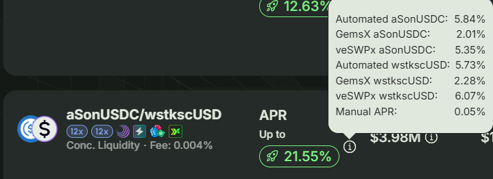Lady_Mania528's tweet photo. Bullish on this @swapxfi stable pool 
aSonUSDC/wstkscUSD 21.55%