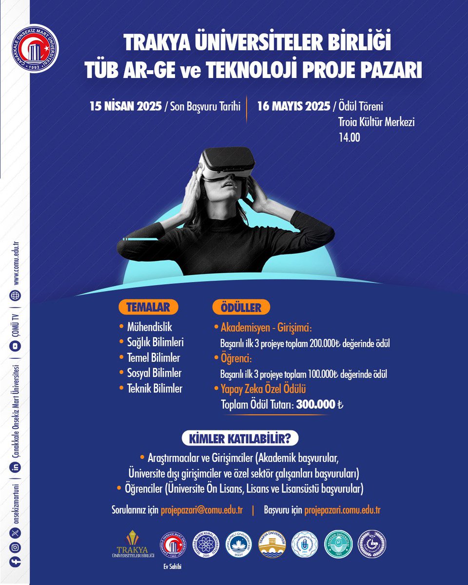 Fikrini Geleceğe Taşı!
Proje Pazarı 2025 
⌛️⏳

Ödül Kategorileri:
🎓 3 adet Akademisyen Girişimci
🎒 3 adet Öğrenci Girişimci
🤖 1 adet Yapay Zekâ Özel Ödülü

📅 Ödül Töreni: 16 Mayıs 2025

#ÇOMÜ #ProjePazarı2025 #TÜB #Girişimcilik #İnovasyon #YapayZeka #FikrineGüven