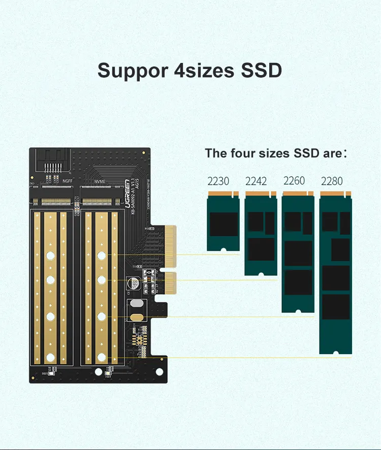 Dual Protocols M.2 NVME(PCIe &amp; SATA) SSD Storage Adapter PCIe Card

　　Item No.: PEC-PE007

　　* M.2 Up to 10Gbps expansion interface

　　* Support 1.8" M.2 NVME(PCIe) &amp; M.2 NGFF(SATA) SSD

　　* Supported system Windows10/8/7 (32/64 bit)/ XP; Linux