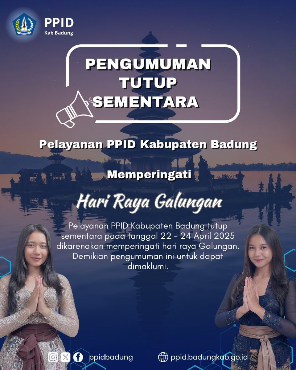 Halo #semetonppidbadung 

Mohon permakluman Pelayanan PPID Kabupaten Badung Tutup Sementara mulai Hari ini Selasa, 22 April 2025 - Kamis, 24 April 2025 berhubungan dengan Perayaan Rahina Suci Galungan.

Matur Suksma🙏🏻🙏🏻🙏🏻

@iwayanadiarnawa 
<a href="/gus/">Gustavo Guzmán</a>.bota 
<a href="/surya/">suryakant</a>.suamba 
@igstnghjaya