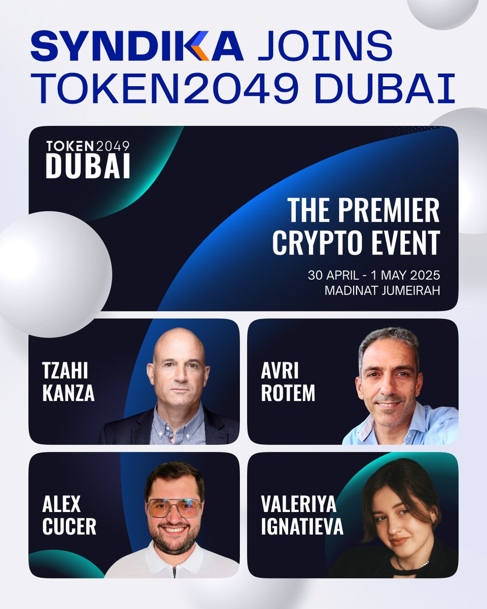 Syndika (@syndika_co) on Twitter photo Meet Syndika at <a href="/token2049/">TOKEN2049</a>!
From April 30 to May 4, our team - <a href="/tzahi_kanza/">Tzahi Kanza</a>, <a href="/AvriRotem/">Avri Rotem</a>, <a href="/alexcryp_/">Alex Cryp</a>, and <a href="/valeri_ignati/">Valeri Crypto</a> - are joining one of the main #Web3 conferences of the year - Token2049.
📢 We’re not just going to watch panels — we’re going to meet the people building the Meet Syndika at <a href="/token2049/">TOKEN2049</a>!
From April 30 to May 4, our team - <a href="/tzahi_kanza/">Tzahi Kanza</a>, <a href="/AvriRotem/">Avri Rotem</a>, <a href="/alexcryp_/">Alex Cryp</a>, and <a href="/valeri_ignati/">Valeri Crypto</a> - are joining one of the main #Web3 conferences of the year - Token2049.
📢 We’re not just going to watch panels — we’re going to meet the people building the