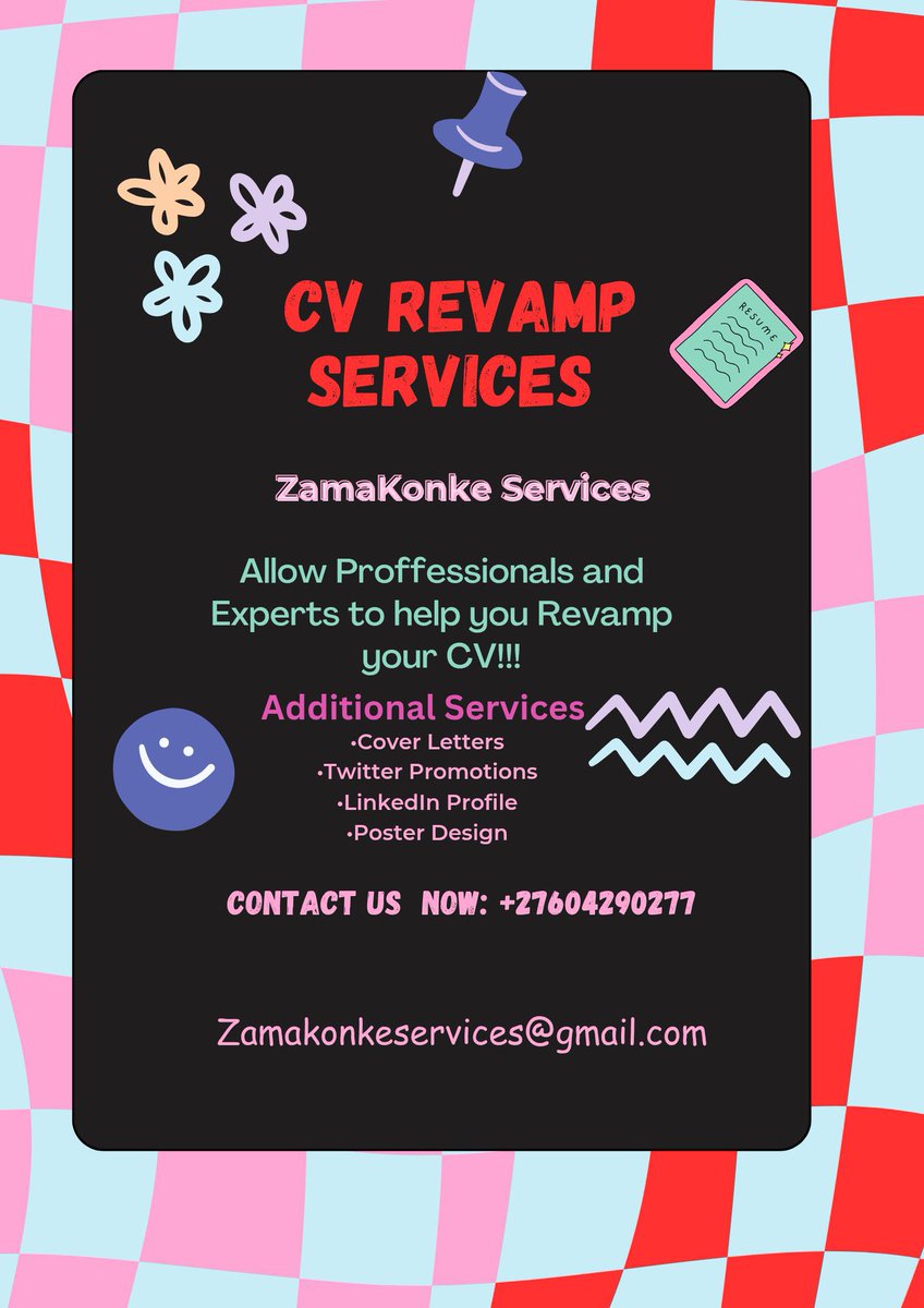 Contact Experts for Professional CV Revamp and Cover Letter at Affordable Prices.

[Services Offered]
▪️Cover Letter
▪️Modern Curriculum Vitae 
▪️Promotions 
▪️LinkedIn Optimisation 
▪️Poster Design

Whatsapp link:📲(Wa.me/+27604290277)  or
DM: <a href="/ZamakonkeK/">ZamaKonke Khuzwayo</a>

[TESTIMONIALS,