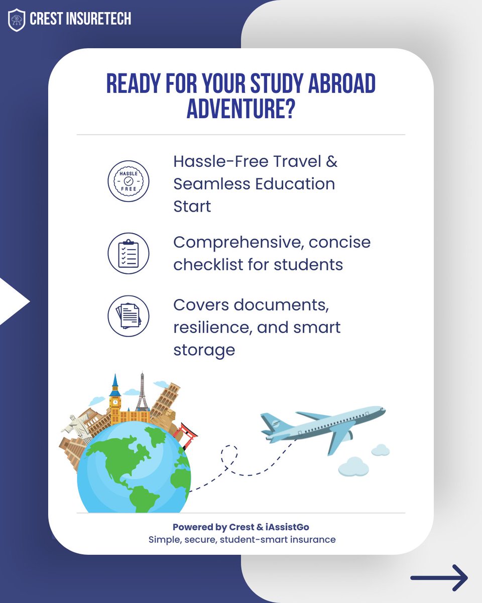IassistL's tweet image. ✈️📚 Ultimate Study Abroad Checklist
Backed by Crest &amp;amp; iAssistGo: Easy, robust, student-centric!
🎒 Before you fly out for your dream university, make sure you’re not forgetting the essentials that matter most.