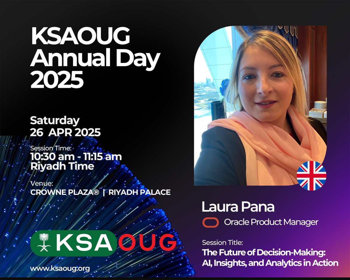 KSA Oracle User Group (@ksaoug) on Twitter photo Excited to have Laura Pana, EMEA Analytics product strategy lead, speak at KSAOUG Annual Day 2025!
Topic: Future of Decision-Making: AI, Insights & Analytics
Date: Apr 26 | Time: 10:30 AM | Venue: Crowne Plaza Riyadh
Details: ksaoug.org/ksaoug-annual-…
<a href="/oracleace/">Oracle ACE Program</a> <a href="/oracleugs/">Oracle User Groups</a> Excited to have Laura Pana, EMEA Analytics product strategy lead, speak at KSAOUG Annual Day 2025!
Topic: Future of Decision-Making: AI, Insights & Analytics
Date: Apr 26 | Time: 10:30 AM | Venue: Crowne Plaza Riyadh
Details: ksaoug.org/ksaoug-annual-…
<a href="/oracleace/">Oracle ACE Program</a> <a href="/oracleugs/">Oracle User Groups</a>