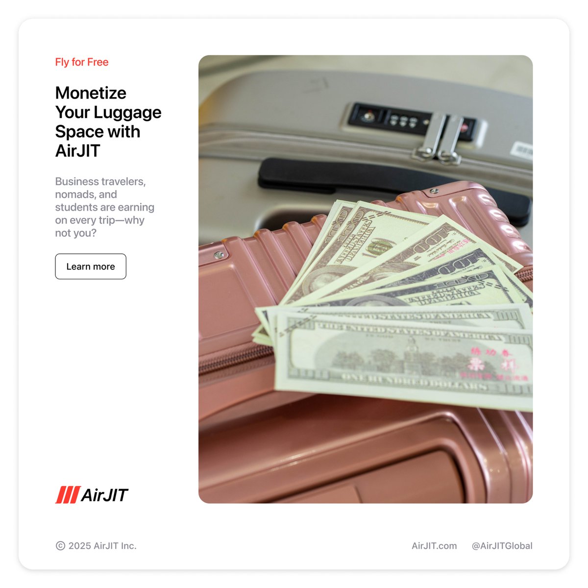 AirJITGlobal's tweet photo. Your next flight could be free? Business travelers, digital nomads, and students are using AirJIT to monetize their luggage space and cover travel costs. Would you earn while you fly?  Learn more: https://t.co/dfPUFnNwBv #AirJIT #AirJITGlobal #EarnWhileYouTravel #SmartTravel #BaggageMonetization #SideHustle #FreightRevolution #TravelIncome
@Expedia 
@bookingcom 
@Airbnb