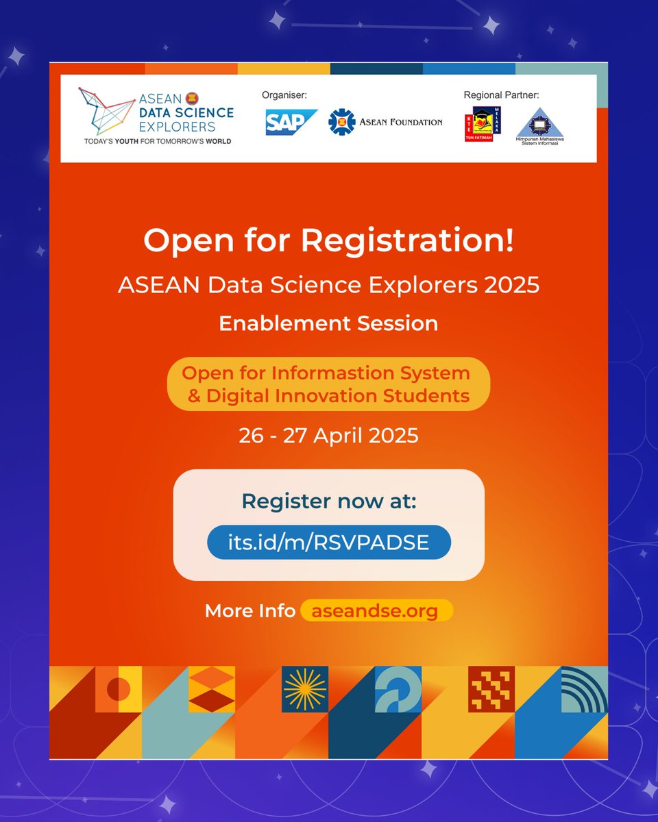 HMSI_ITS's tweet image. [ASEAN Data Science Explorers Hadir untuk Anda]

ASEAN DSE hadir menggelar sebuah perlombaan data analytics dengan SAP Analytics Cloud (SAC).
RSVP:
its.id/m/RSVPADSE

#ASEANDataScienceExplorers
#ADSE
#SAPAnalyticsCloud
#ITSSurabaya