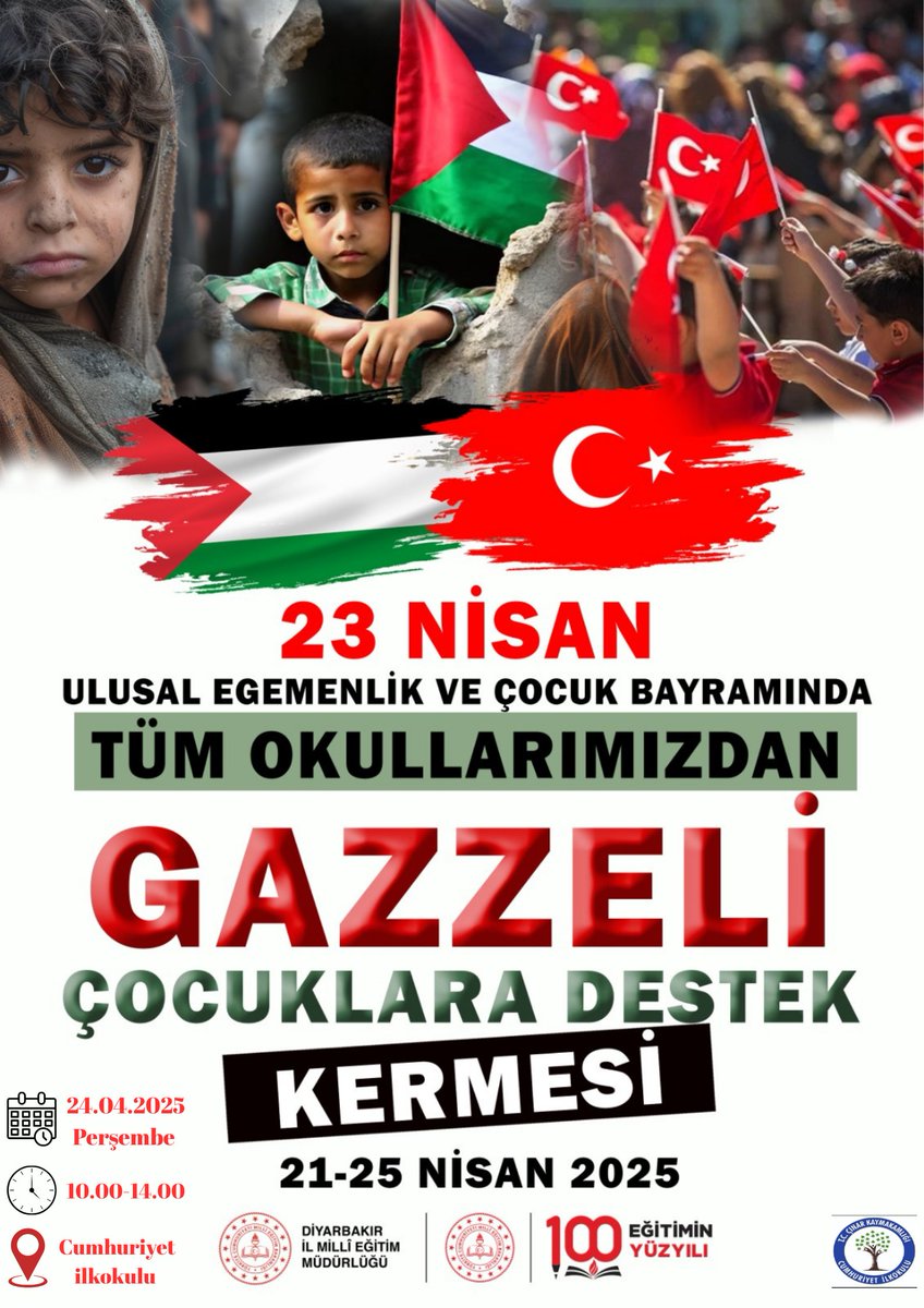 23 Nisan Ulusal Egemenlik ve Çocuk Bayramı kapsamında Okulumuzda "Gazzeli Çocuklara Destek Kermesi" düzenlenecektir. Tüm veli ve öğrencilerimizi kermesimize bekleriz. <a href="/tcmeb/">Millî Eğitim Bakanlığı</a> <a href="/cinarkaymakamlk/">T.C. Çınar Kaymakamlığı</a> <a href="/Diyarbakirmem/">Diyarbakır İl Millî Eğitim Müdürlüğü</a> <a href="/cinar21mem/">Çınar İlçe Milli Eğitim Müdürlüğü</a>