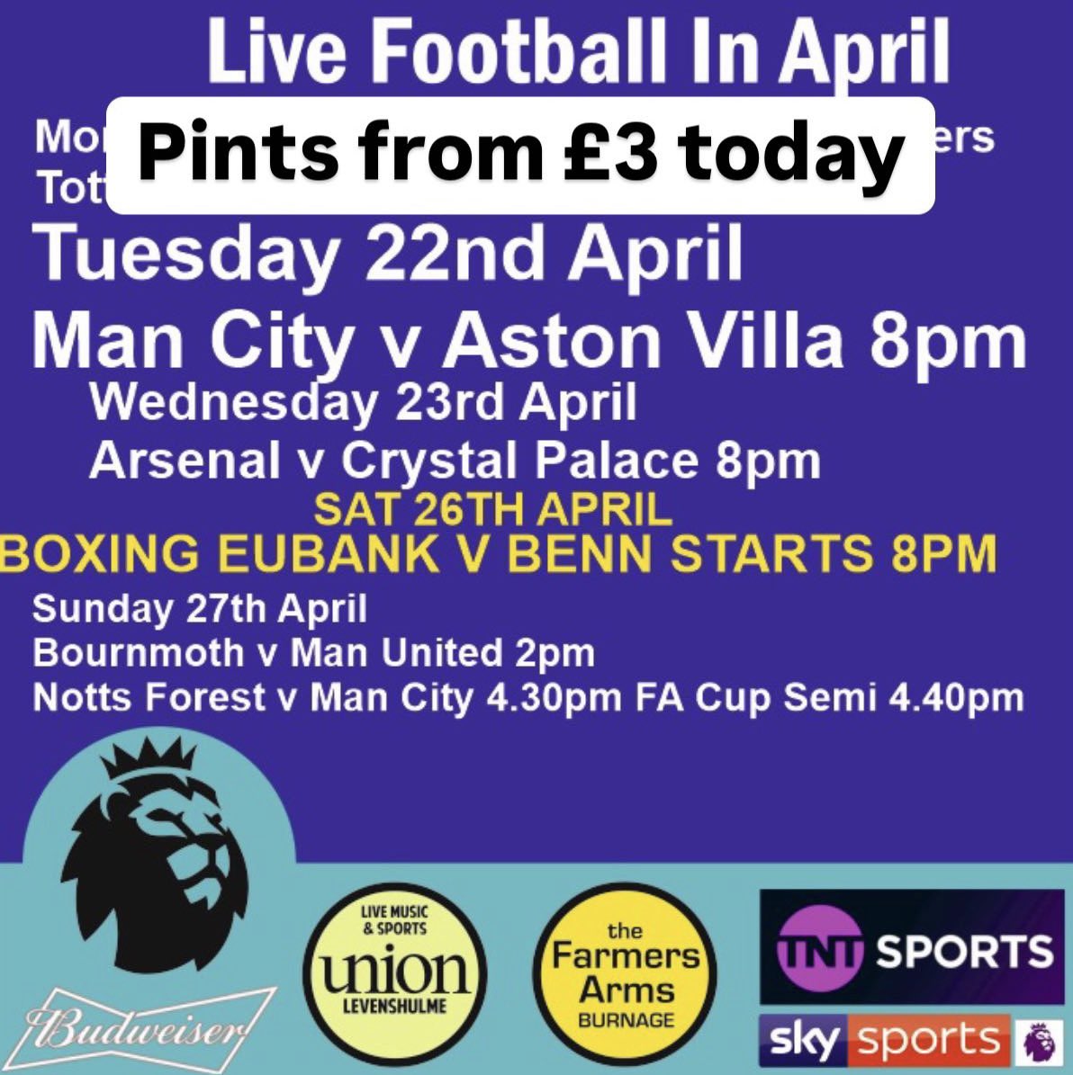 #pints from £3 Mon to Thurs and massive game for #mancity tonight 8pm in Union and Farmers Arms