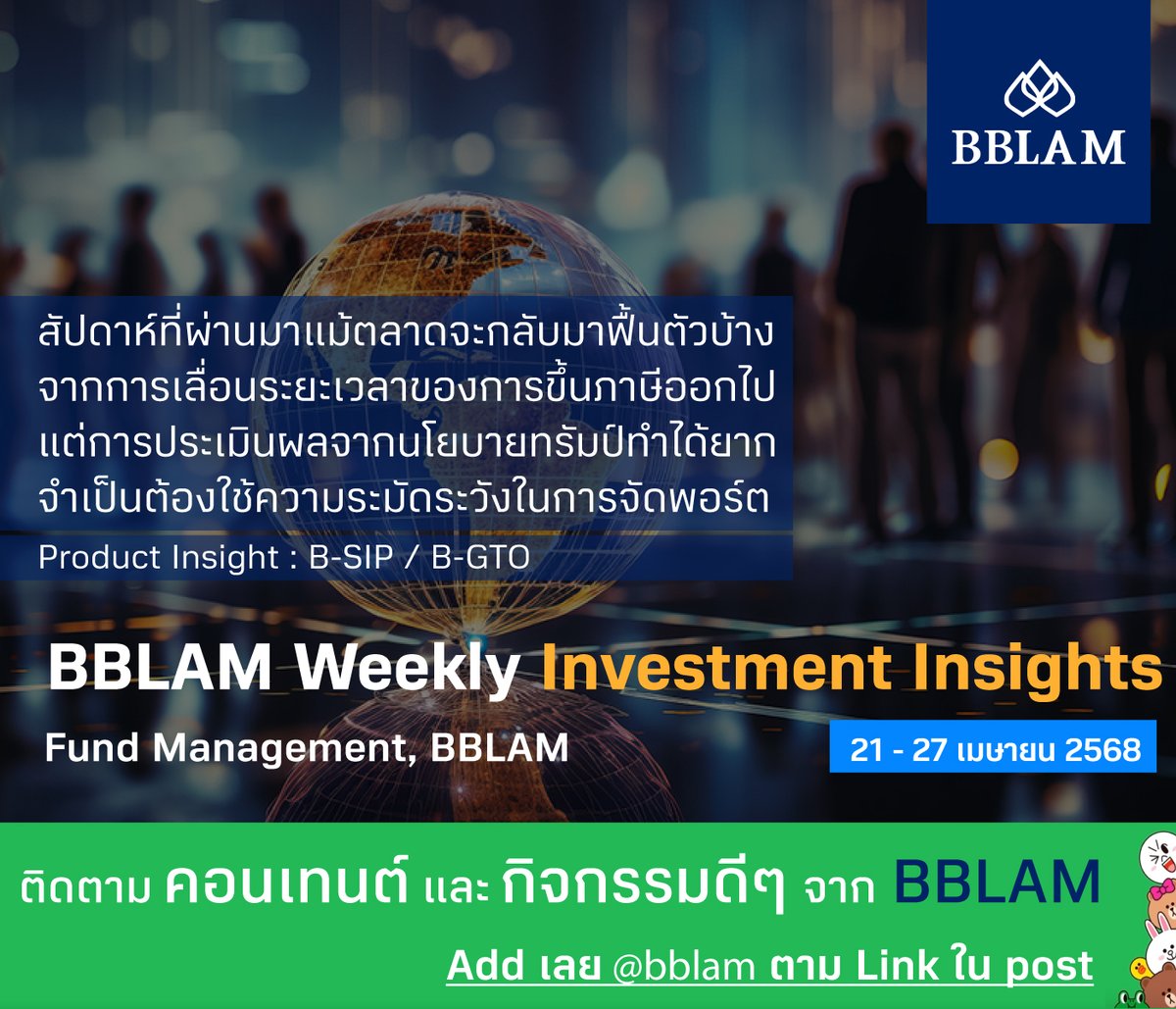 BBLAM Weekly Investment Insights 21 - 27 เมษายน 2568 
"สัปดาห์ที่ผ่านมาแม้ตลาดจะกลับมาฟื้นตัวบ้าง จากการเลื่อนระยะเวลาของการขึ้นภาษีออกไป แต่การประเมินผลจากนโยบายทรัมป์ทำได้ยาก จำเป็นต้องใช้ความระมัดระวังในการจัดพอร์ต"  
Product Insight : B-SIP / B-GTO  อ่านเพิ่มเติมได้ที่ https://t.co/uXY0EIMuba
ติดตาม Content และกิจกรรมดี ๆ จาก BBLAM มาเป็นเพื่อกันใน Line : @bblam ได้ที่ https://t.co/1H0xokcUhQ 

#BBLAM #weekly #investment #insights #กองทุนบัวหลวง #BFT #bffundtrading #MobileBanking #ธนาคารกรุงเทพ #RMF #SSF #ThaiESG #bst #bdynamicbond #bdynamicrmf #bglobal #bglobalrmf #binnotech #binnotechrmf #bsip #bsiprmf #bgto #bgtormf
