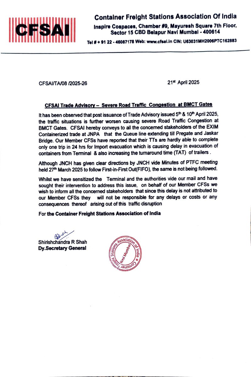 Serious  Road Traffic  congestion at  BMCT Terminal gates , JNPA &amp;  persisting for  almost  last 20 days. EXIM trade  adversely impacted . No relief in sight. Huge  challenge for stakeholders  especially CFSs towards evacuation of imports  Turn around time is doubled as TTs stuck