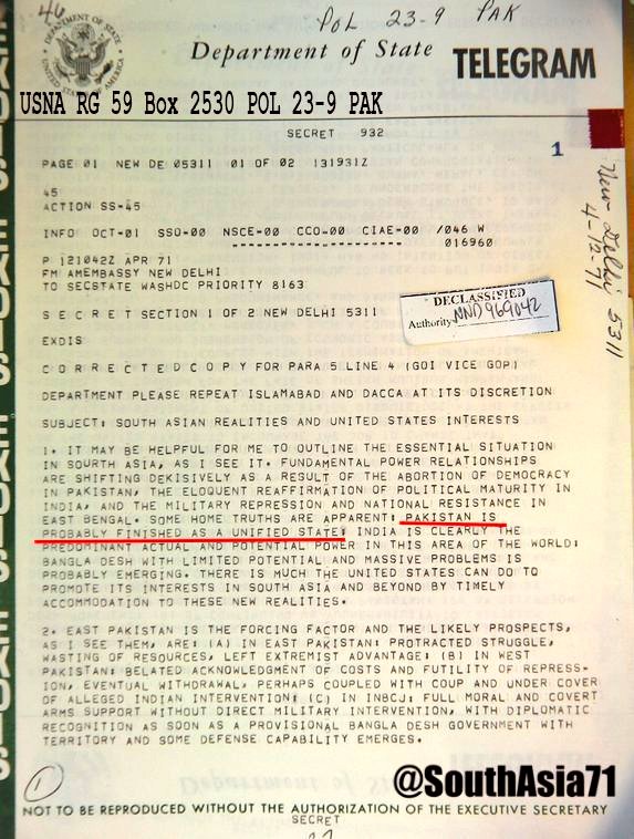 Spiritof1971_'s tweet photo. #TheSpiritOf1971

In a memo dated 12 April 1971:
The @USAndIndia in New Delhi stated, "Pakistan is probably finished as a unified state" https://t.co/Ot5otkUpTW