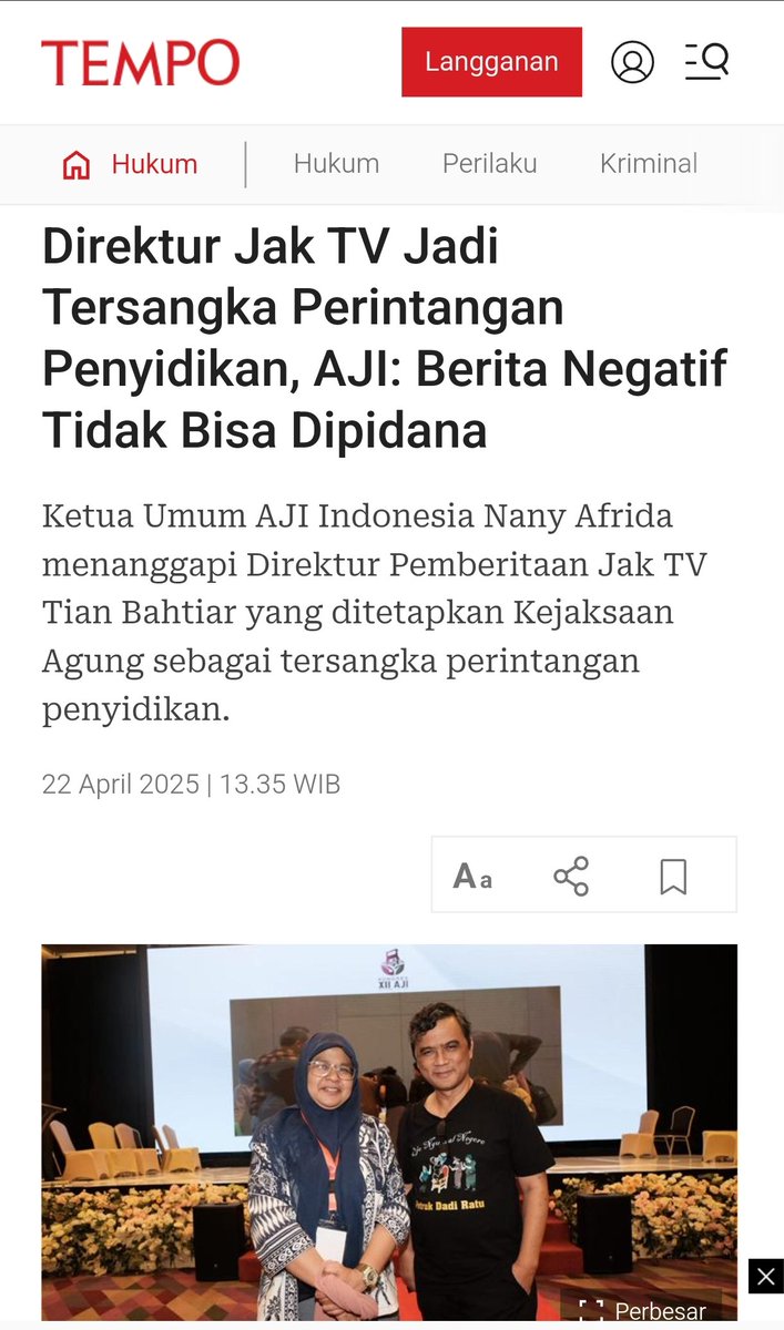 Ketua Umum AJI Indonesia Nany Afrida menanggapi Direktur Pemberitaan Jak TV Tian Bahtiar yang ditetapkan Kejaksaan Agung sebagai tersangka perintangan
penyidikan.

tempo.co/hukum/direktur…