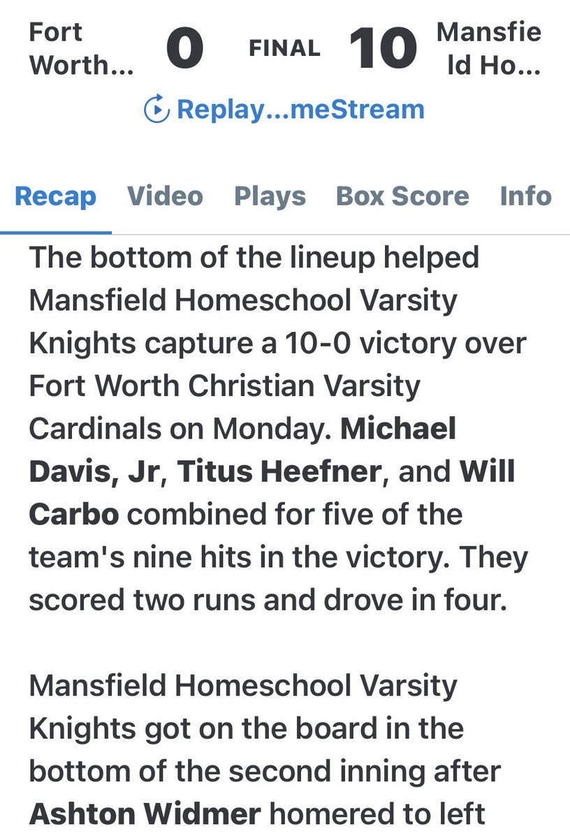 Knights win. Improve to 27 and 6 on the season. Jaxon, Brody, and Shiloh held the opponent to 0 runs on 2 hits and 1 walk while striking out 9. The Knights scored 10 runs on 9 hits and 6 walks. Let’s go! Go Knights!!!