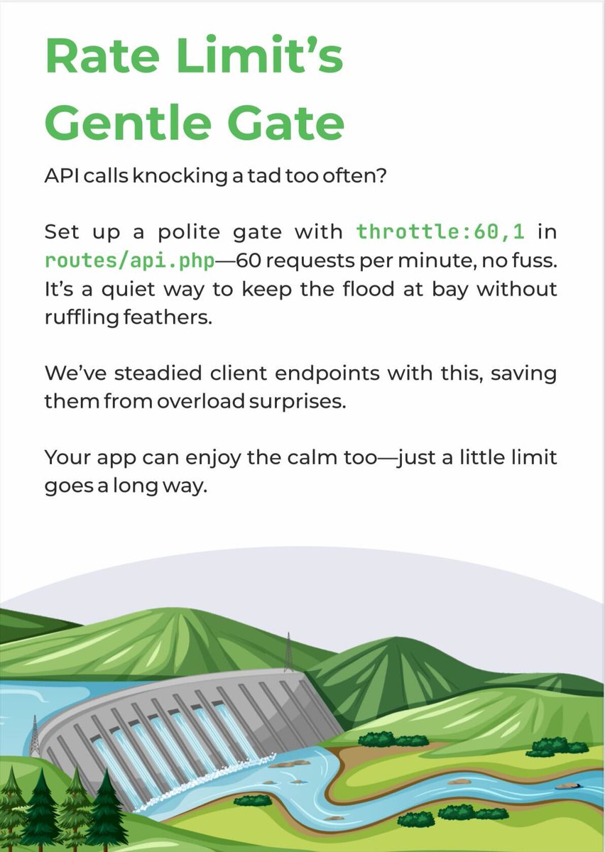 ucodesoft's tweet photo. Rate Limit's Gentle Gate🚪

Ever had your API endpoints flooded with too many requests? 🌊
It’s time to set some boundaries — politely.

With a simple setup like throttle:60,1 in routes/api.php, you can allow 60 requests per minute, keeping things calm and steady. It's a subtle yet powerful way to manage traffic without overwhelming your servers or your team.

We've seen firsthand how this simple trick can prevent overloads and bring stability. Think of it like a dam—controlling the flow, protecting what’s downstream.

A little limit goes a long way.🌿
Let your app breathe easier.

#RateLimiting #APIGateway #WebDevelopment #LaravelTips #TechBestPractices #DeveloperLife #BackendDevelopment #CalmCode #ScalableSystems #CleanCode