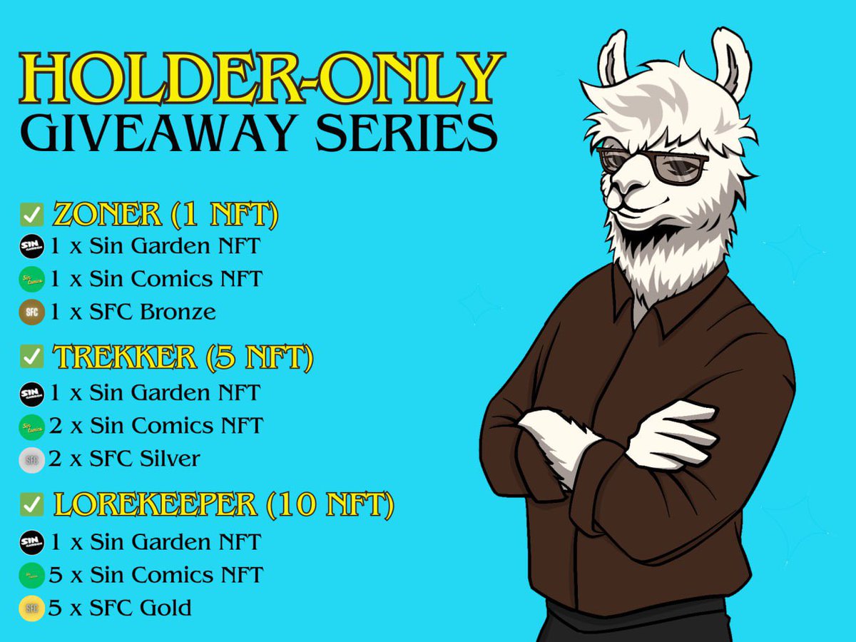 TheLlamaZone's tweet photo. 🎁 Holder-Only Giveaway is LIVE on Discord!

LlamaZone holders, it’s your time:
Zoner, Trekker, Lorekeeper — 3 separate giveaways, 3 levels of rewards!

Sin Garden, Sin Comics & SFC NFTs are up for grabs.

All the details are in our Discord:
[https://t.co/Gk0JEEXLn1]

#LlamaZone #NFTGiveaway #Stargaze