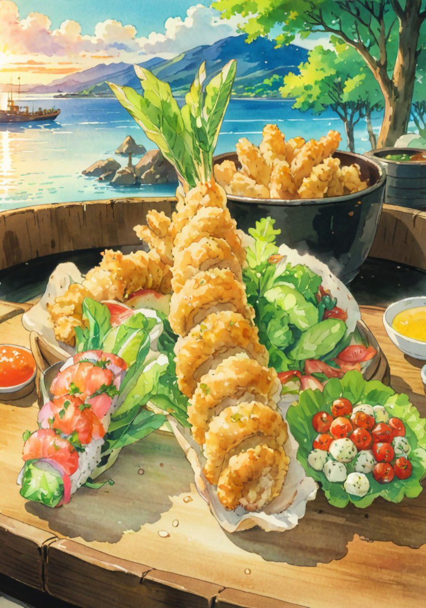 美味しそうな木製プレートには、カリッと揚がったエビの串焼きや新鮮な野菜が盛り付けられ、食欲をそそります。心温まるひとときをご一緒に！ #今日のごはん #グルメ好きな人と繋がりたい #飯テロ #副業で自由を #転売ヤー