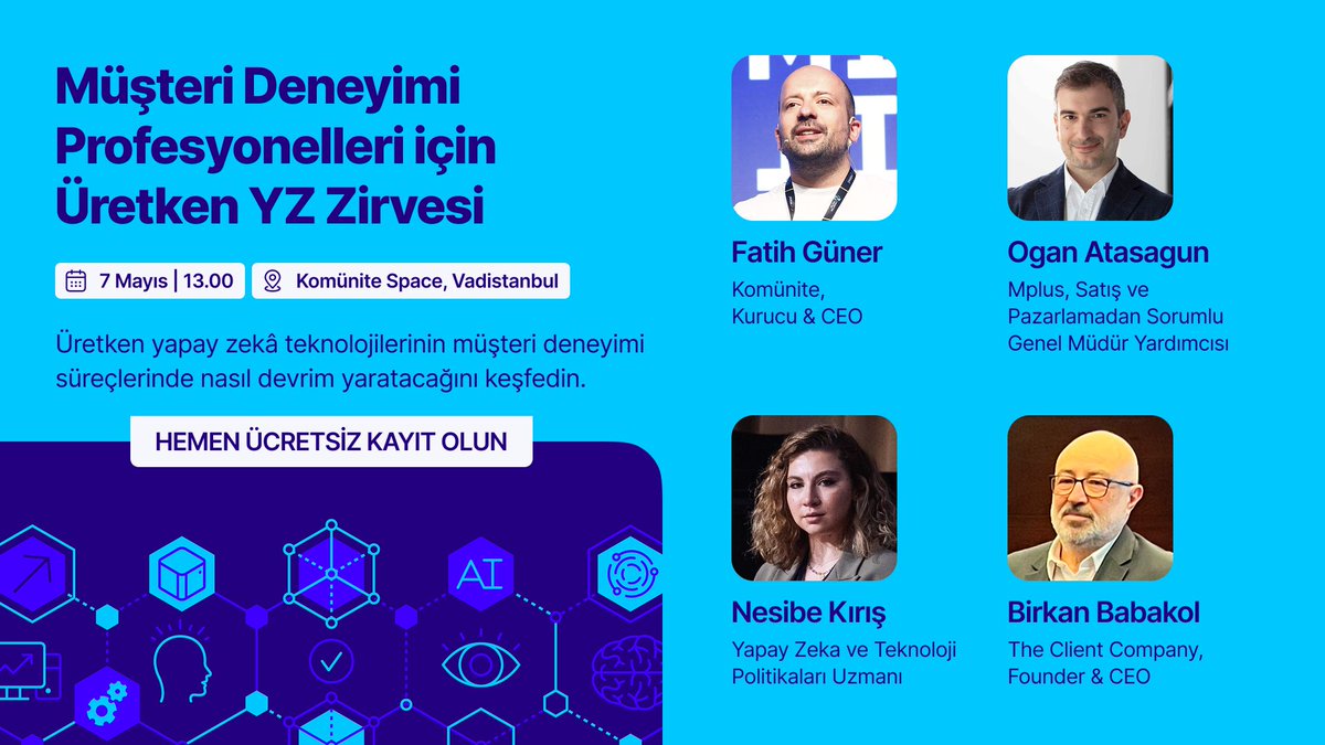 Komünite —— Bir defa yap, hep sat! (@komunitecomtr) on Twitter photo “Müşteri Deneyimi Profesyonelleri için Üretken Yapay Zekâ Zirvesi”nin ilk etkinliğinde Komünite Space’te (<a href="/komunitespace/">Komünite Space</a>) yer kalmadı!
Gördüğümüz yoğun ilginin ardından ikinci zirvemizin tarihi 7 Mayıs!
Mplus partnerliğinde gerçekleşecek bu etkinlikte üretken yapay zekânın “Müşteri Deneyimi Profesyonelleri için Üretken Yapay Zekâ Zirvesi”nin ilk etkinliğinde Komünite Space’te (<a href="/komunitespace/">Komünite Space</a>) yer kalmadı!
Gördüğümüz yoğun ilginin ardından ikinci zirvemizin tarihi 7 Mayıs!
Mplus partnerliğinde gerçekleşecek bu etkinlikte üretken yapay zekânın