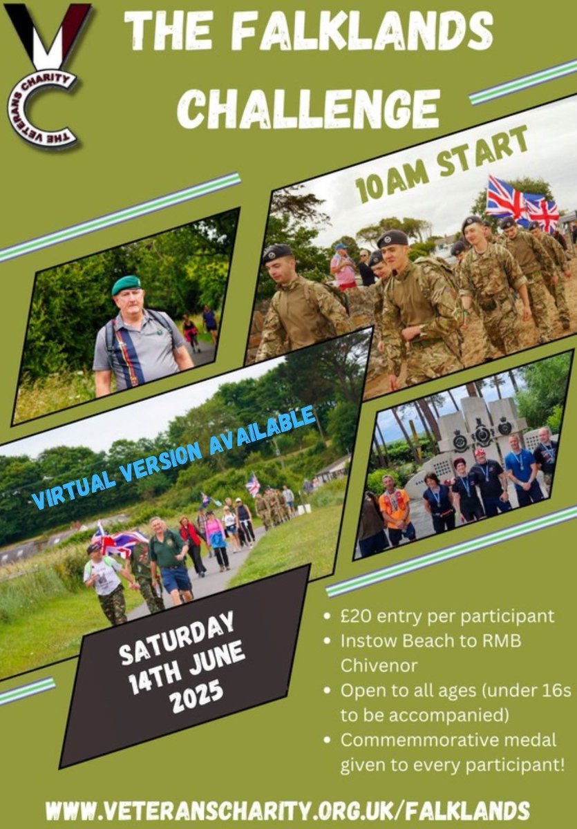 Join us on 14 June for The Falklands Challenge – a poignant tribute to those who served in the Falklands War. Honour the 255 UK personnel and 3 Islanders who lost their lives.
Funds raised will support veterans facing hardship. veteranscharity.org.uk/falklands 
#FalklandsChallenge