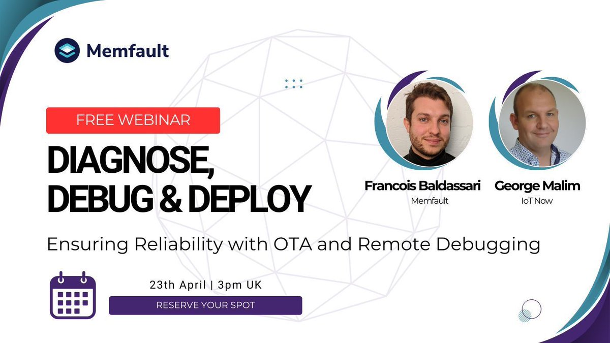 IoT Now (@iotnow_) on Twitter photo WEBINAR TOMORROW : Ensure Device Reliability with OTA and Remote Debugging.
Date: 23 April 2025 | 3 PM | UK 
Save Your Spot! bit.ly/41rOcLT 
#techevents #smartdevices #iotinnovation 
<a href="/Memfault/">Memfault</a> WEBINAR TOMORROW : Ensure Device Reliability with OTA and Remote Debugging.
Date: 23 April 2025 | 3 PM | UK 
Save Your Spot! bit.ly/41rOcLT 
#techevents #smartdevices #iotinnovation 
<a href="/Memfault/">Memfault</a>