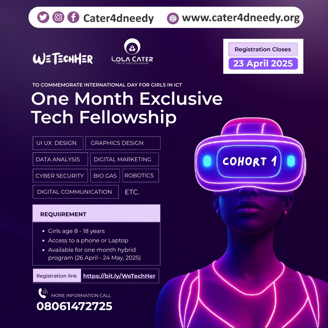 LolaCaterF's tweet image. We’re excited to launch #WeTechHer a 1-month FREE tech training for girls aged 8–18.

Learn coding, AI, robotics, animation, cybersecurity &amp;amp; more!

26 April 2025 | Hybrid
Register now: bit.ly/WeTechHer

#GirlsInICT #TechForGirls #LC4NF #STEM4Girls #DigitalInclusion