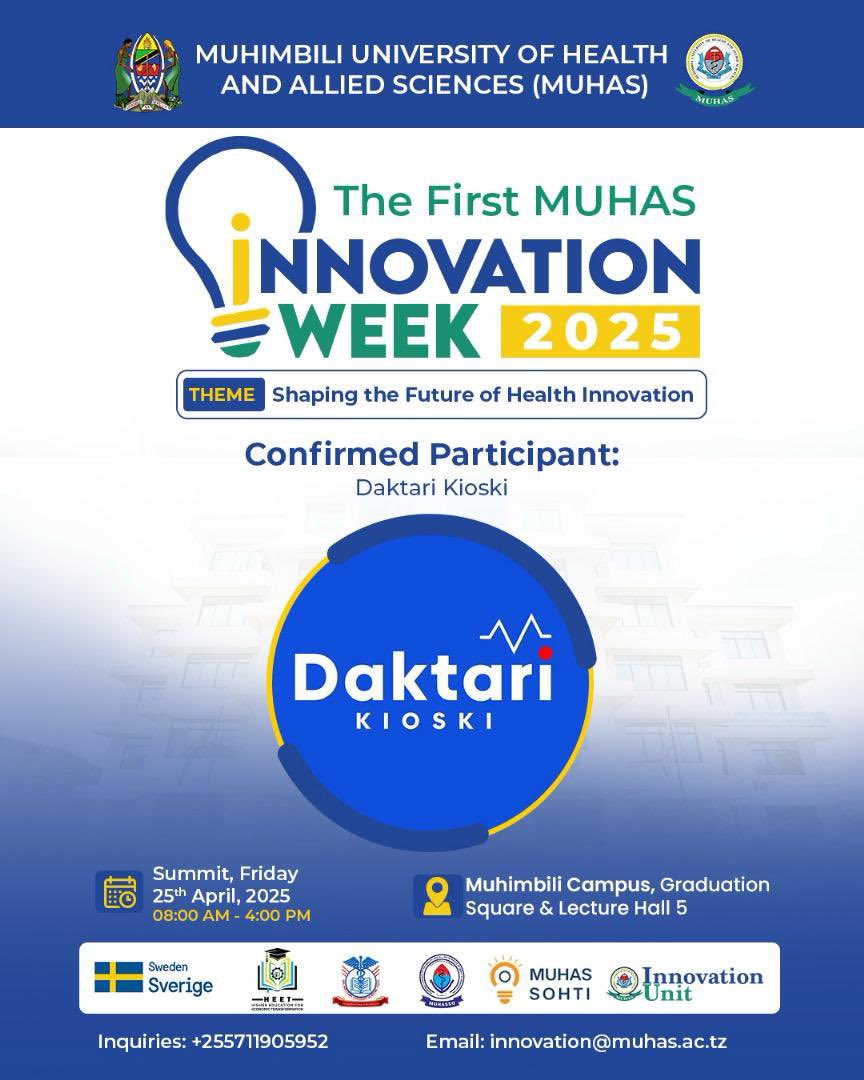 Yuda Sule🇹🇿 (@yudasulepascha1) on Twitter photo Innovative NCD Screening
Come and get Screened for:
-Body Weight
-Height
-BMI
-Blood Pressure
-Body Fat rate
-Total body Protein
-Water Content
-Body Metabolism
Powered by <a href="/_daktarikioski/">Daktari kioski</a> & MUHAS Students
22 - 24 April 2025.
MPL Grounds, Near Post Office. Innovative NCD Screening
Come and get Screened for:
-Body Weight
-Height
-BMI
-Blood Pressure
-Body Fat rate
-Total body Protein
-Water Content
-Body Metabolism
Powered by <a href="/_daktarikioski/">Daktari kioski</a> & MUHAS Students
22 - 24 April 2025.
MPL Grounds, Near Post Office.